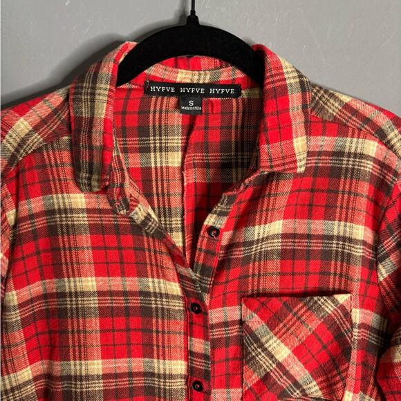 Hyfve Red Plaid Flannel Button Front Blouse With Peplum Design Size Small - Picture 5 of 7